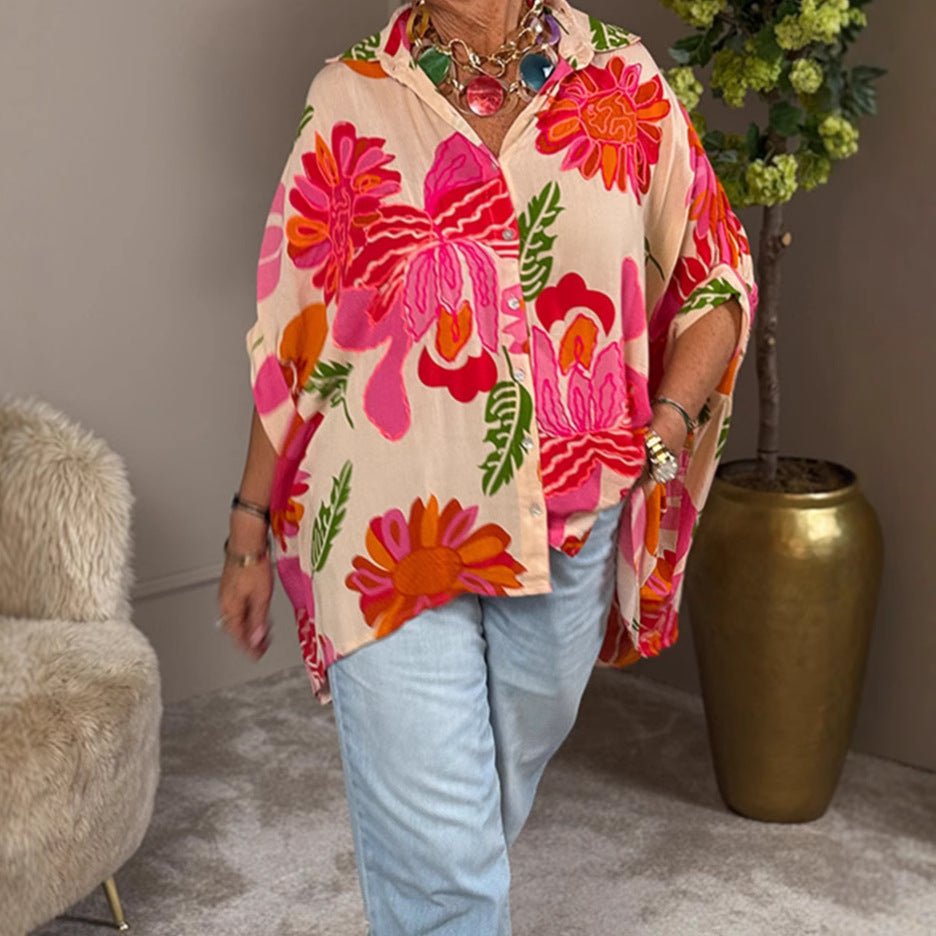 Dame nan luftig Oversize-skjorte bluse i Resort stil med stort blomstertryk og asymmetrisk spids kant Skovae