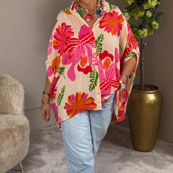 Dame nan luftig Oversize-skjorte bluse i Resort stil med stort blomstertryk og asymmetrisk spids kant Skovae
