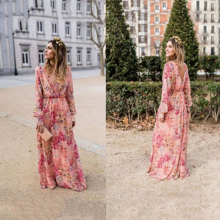 Dame Maxikjole med blomsterdesign og svajende nederdel Stilla