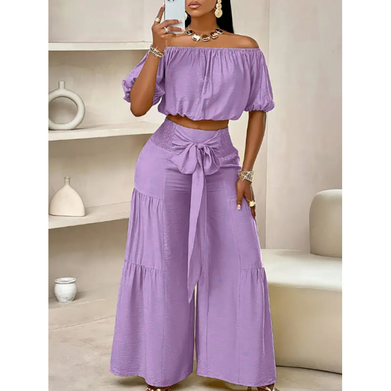 Dame stilfuld off-shoulder crop top og bred bukser sæt Stilla