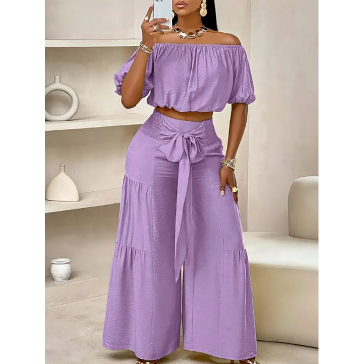 Dame stilfuld off-shoulder crop top og bred bukser sæt Stilla