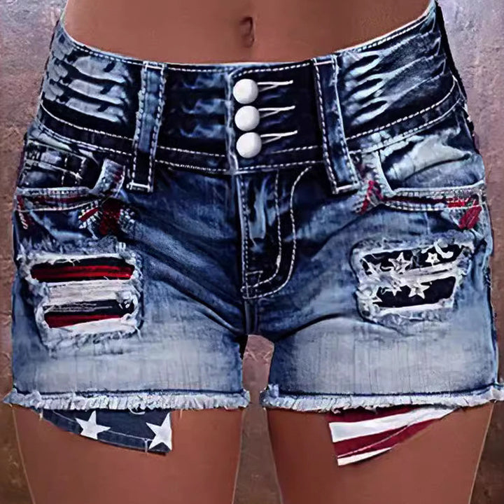 Dame Trendy Jeansshorts med frynset detaljer og patriotiske motiver Stilla