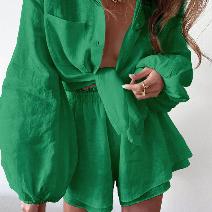 Dame løs linned shorts sæt med oversized skjorte og elastisk talje Stilla