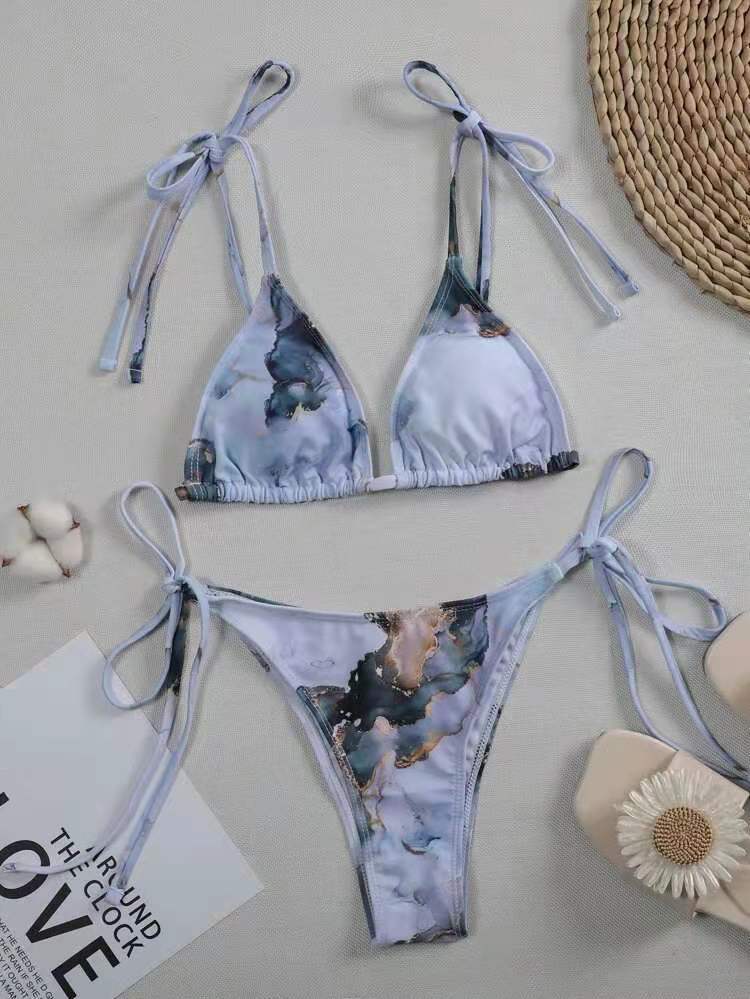 Dame justerbart Triangle-Bikini-sæt med kunstnerisk tryk Stilla