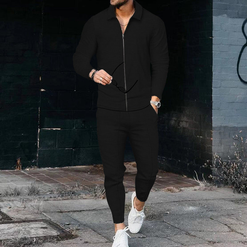 Herren nan lettere vaffelstruktur-joggingdragt med skjortekrave, skjult lynlås og snoretræk-bukser Skovae