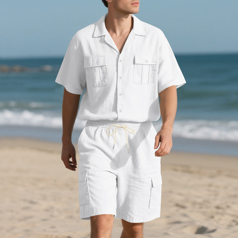 Herre afslappet strandskjorte sæt med praktiske cargo shorts og stilfuld krave Stilla