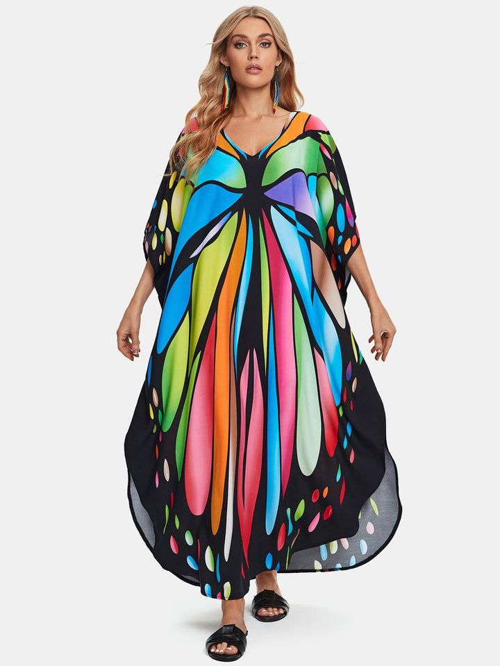 Dame Kaftan med kunstnerisk etno-mønster og elegant V-udskæring Stilla