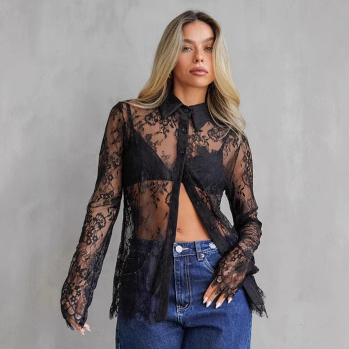 Dame spids bluse med gennemsigtigt design Stilla