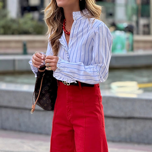 Dame Klassisk Stribet Button-Up Skjorte med Ruffles ærmer Stilla