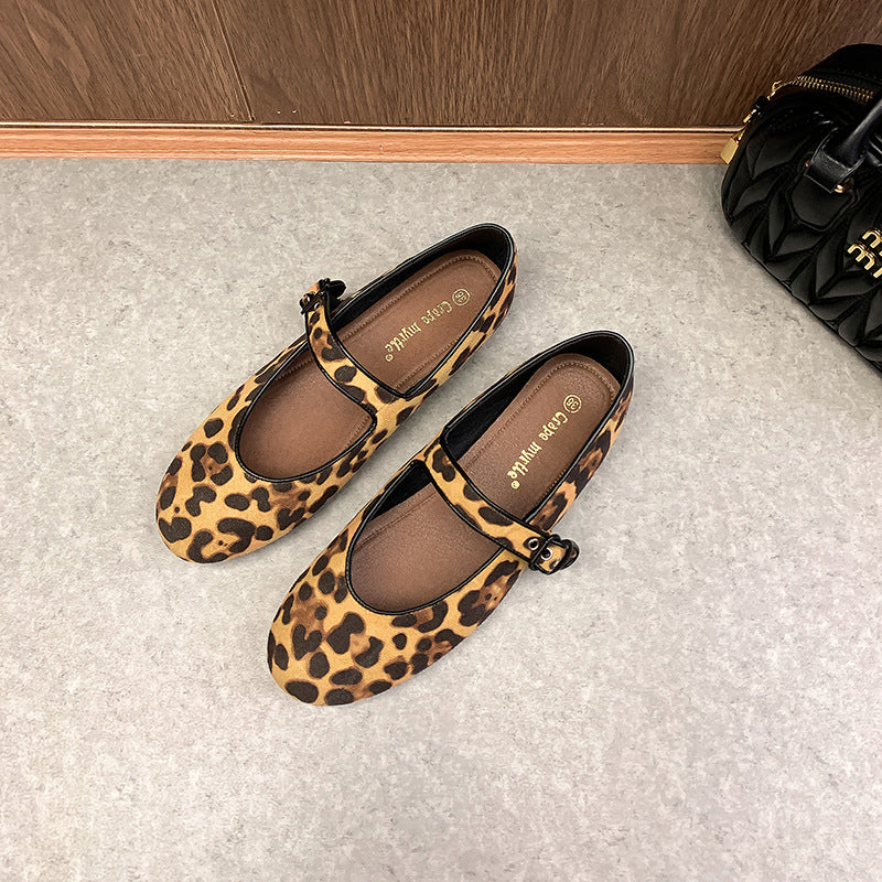 Dame Mary Jane Ballerinas med stilfuldt leopardmønster og komfortabel spænde Stilla