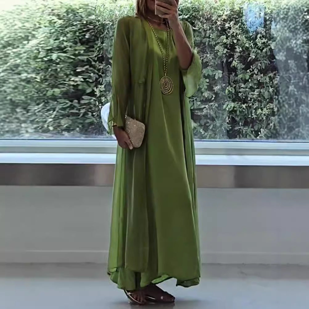 Dame nan elegante Lagd-aftenrobe med foret inderkjole, gennemsigtig chiffon-overtræk og taljejusterbare bånd Skovae