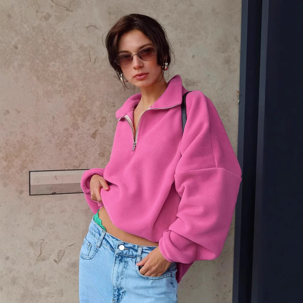 Dame fleece sweatshirt med kort lynlås og brede ærmer Stilla