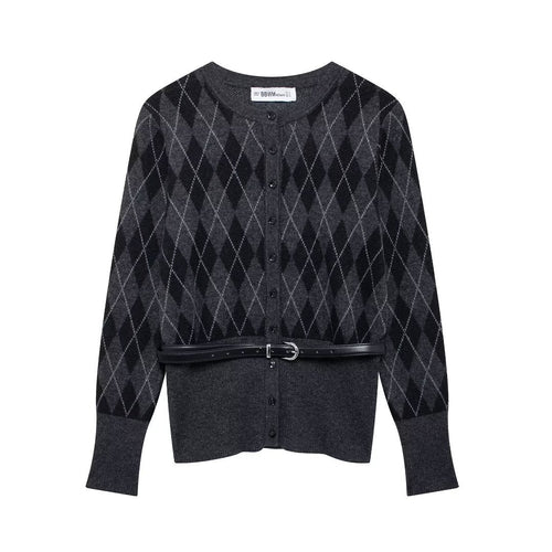 Damer Argyle-mønster Cardigan med kunstlæderbælte Stilla