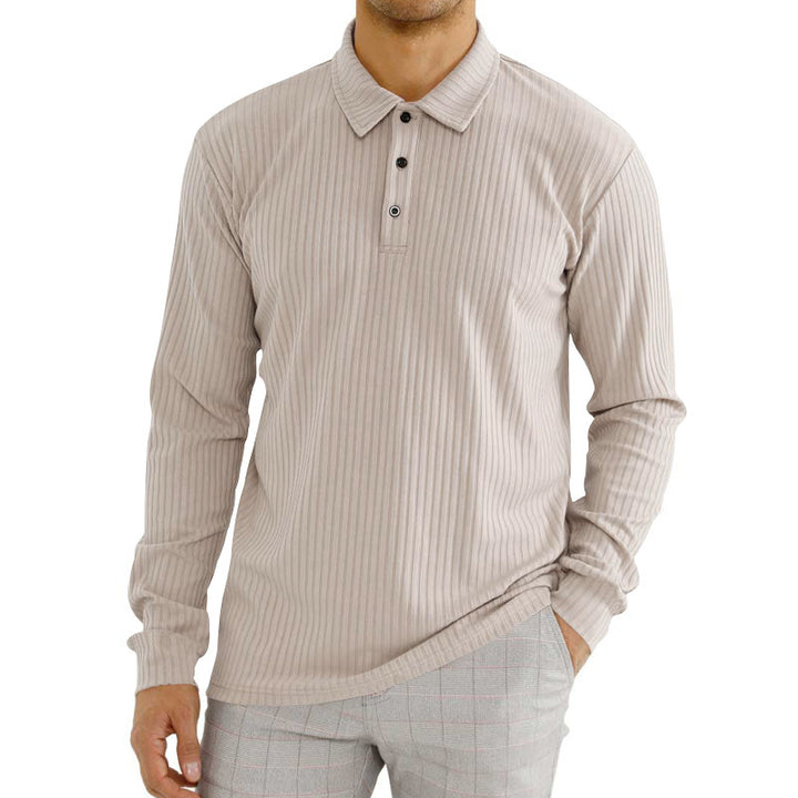 Herren nan ribbet Langærmet polo-shirt med fin rib-struktur, klassisk krave og elastisk søm Skovae