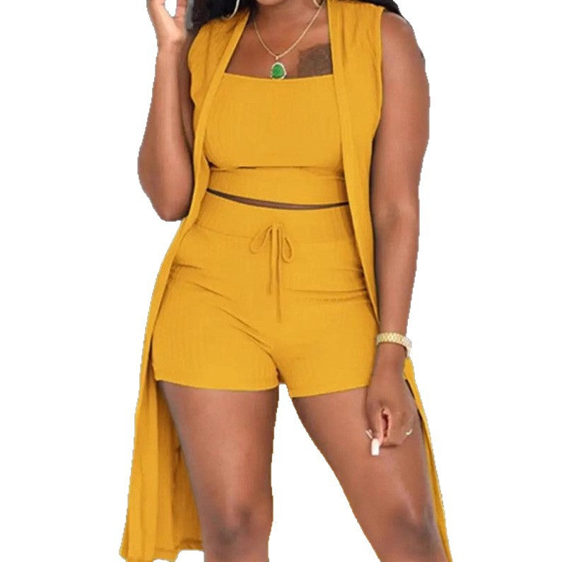 Dame afslappet 3-delt sæt bestående af crop top, shorts og lang cardigan Skovae