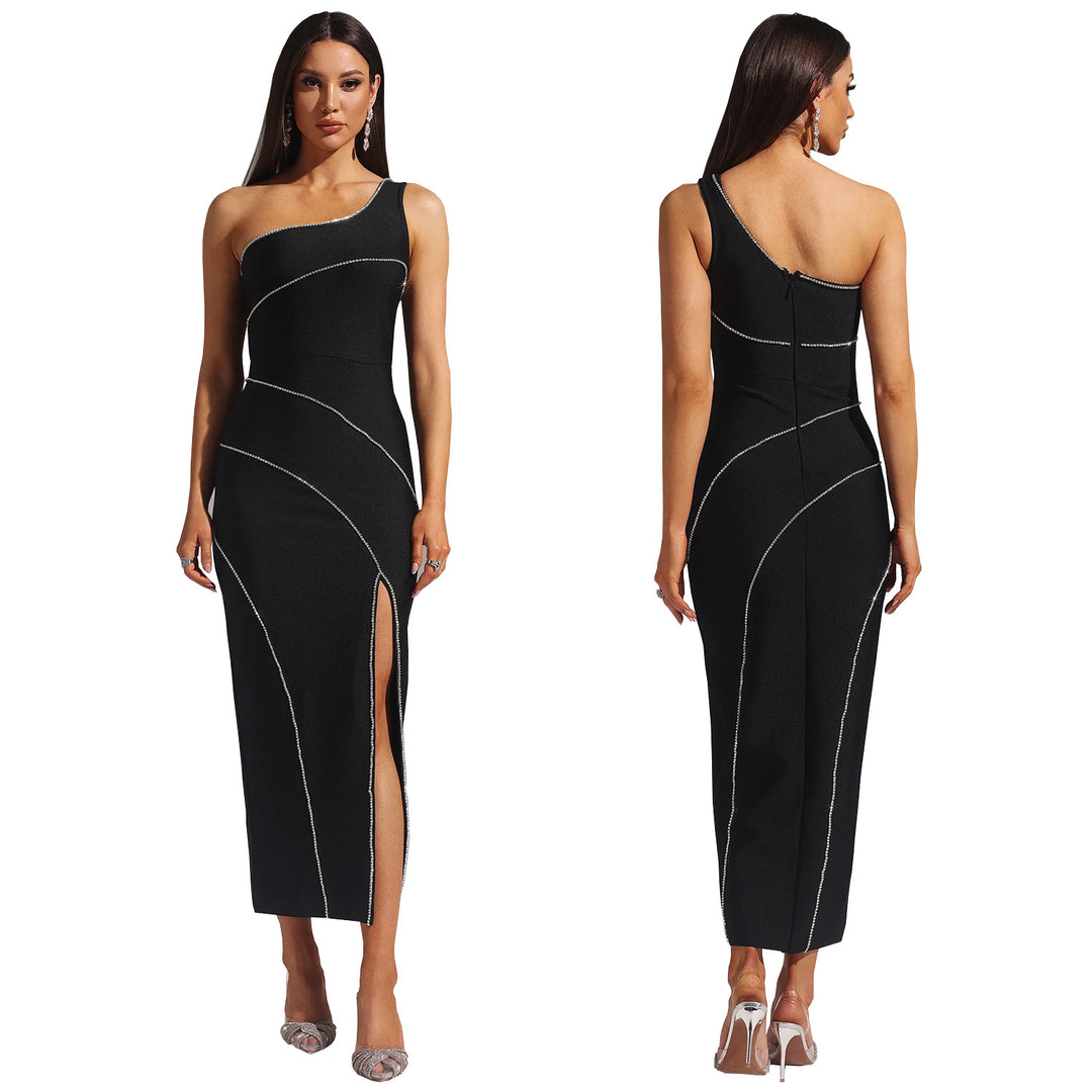 Dame Elegant One-Shoulder Midikjole med raffinerede kontrastsømme og høj slids Stilla
