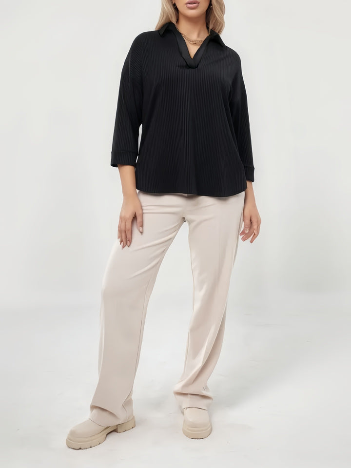 Dame Elegant Bluse med flot Krave og fine Ribbestruktur Detaljer Stilla