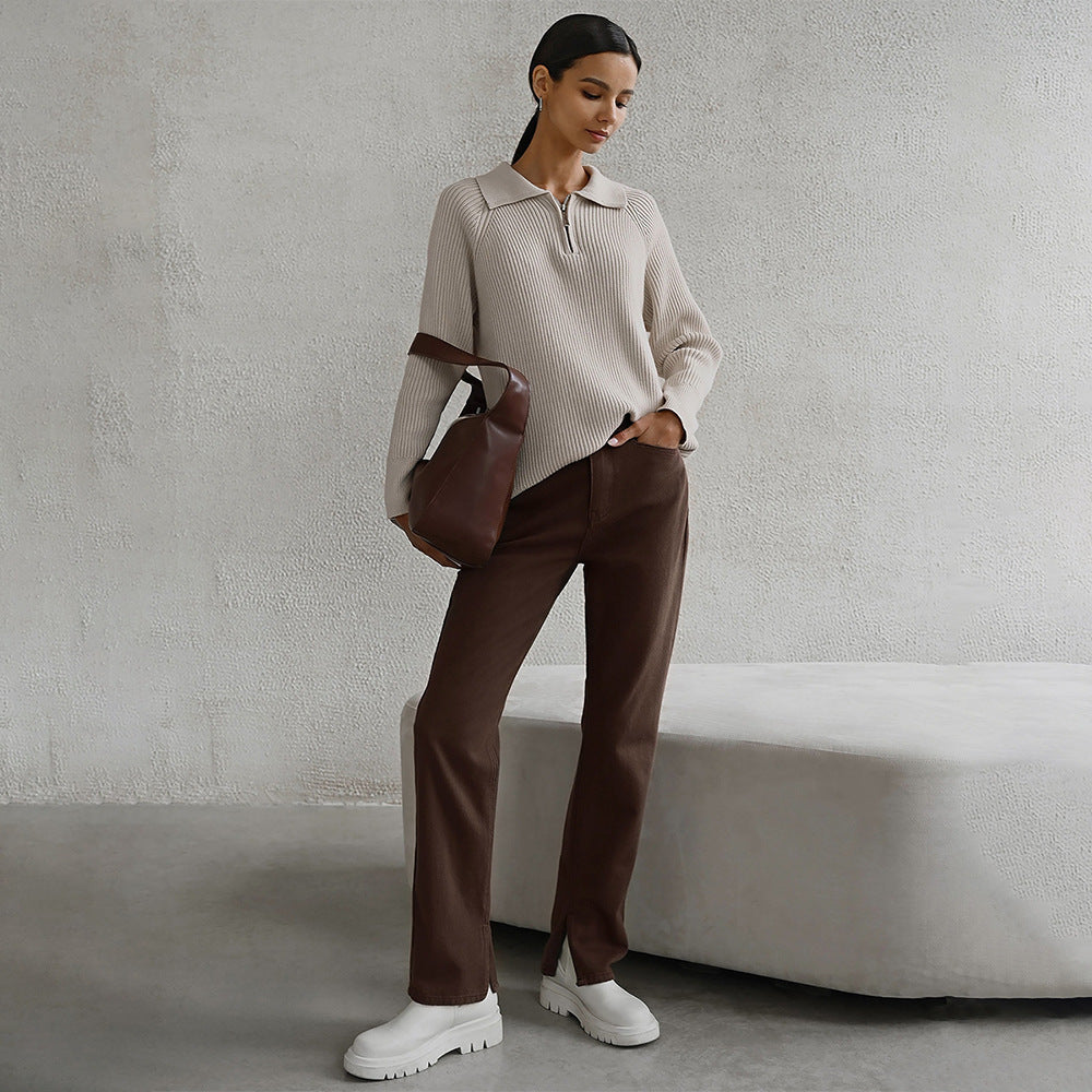 Femme Cozy Ribbed Halv-lynlås Pullover Stilla
