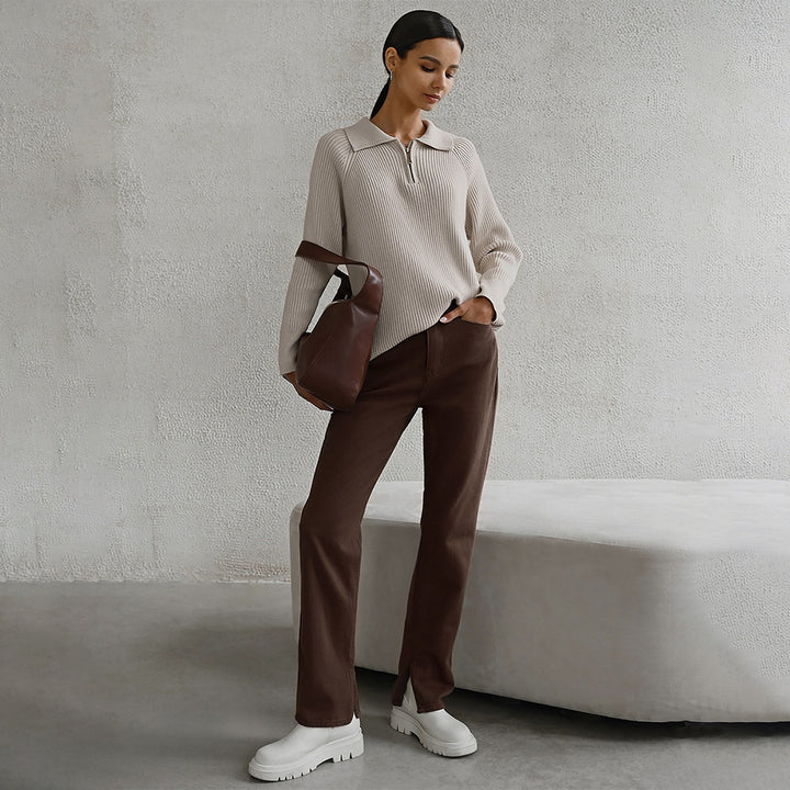 Femme Cozy Ribbed Halv-lynlås Pullover Stilla