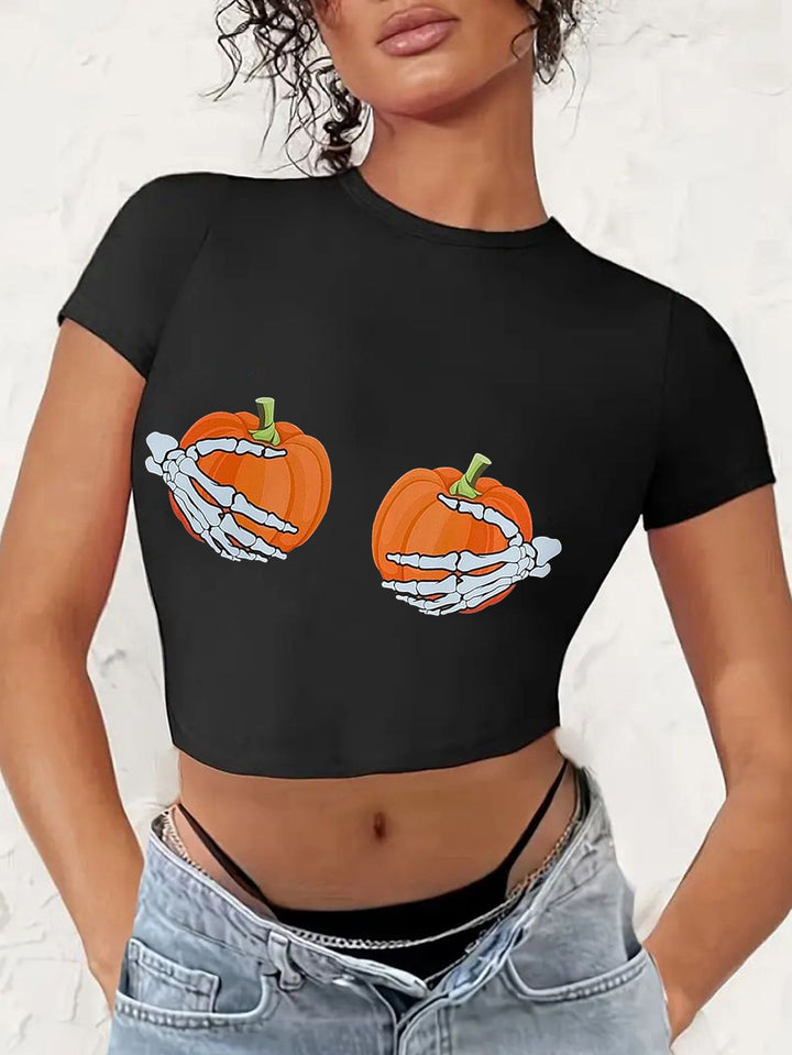 Dame Crop-T-shirt med kreativ læbe motiv og tætsiddende snit Skovae