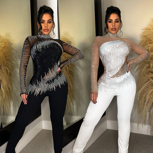 Dame Glamourøs Bodycon Jumpsuit med gennemsigtigt overdel og glitrende strassdekorationer Stilla
