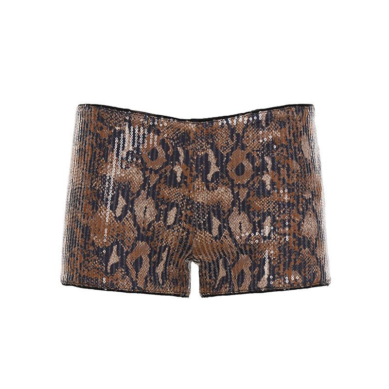 Dame sæt af skinnende top og korte shorts i dyreprint Skovae