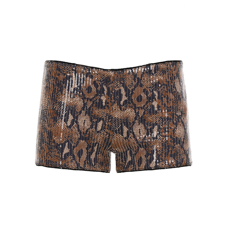 Dame sæt af skinnende top og korte shorts i dyreprint Skovae