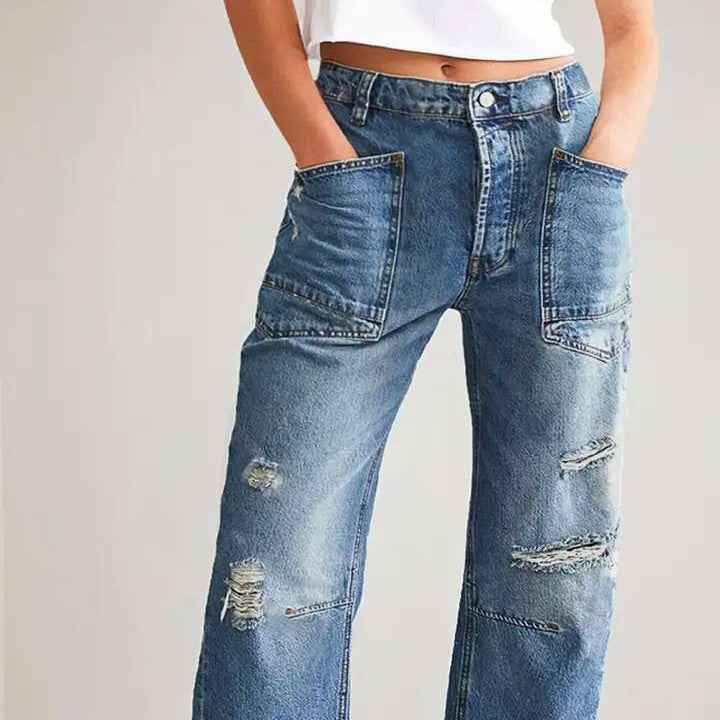 Kvinder's Baggy Jeans i Vintage Look med Ødelagte Detaljer og Cargo Lommer Stilla