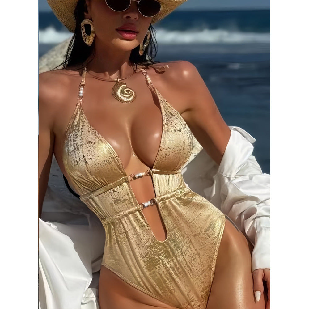 Dame one-piece badedragt med forførende cut-out og glansdetaljer Skovae
