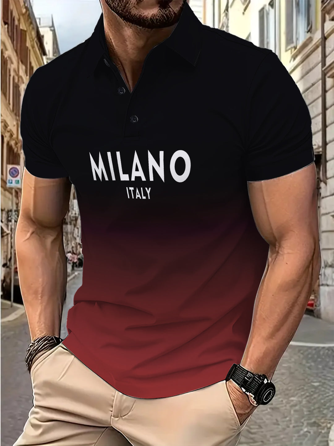Herrer polo shirt med stilfuld farvegradient og moderigtig tekst Stilla