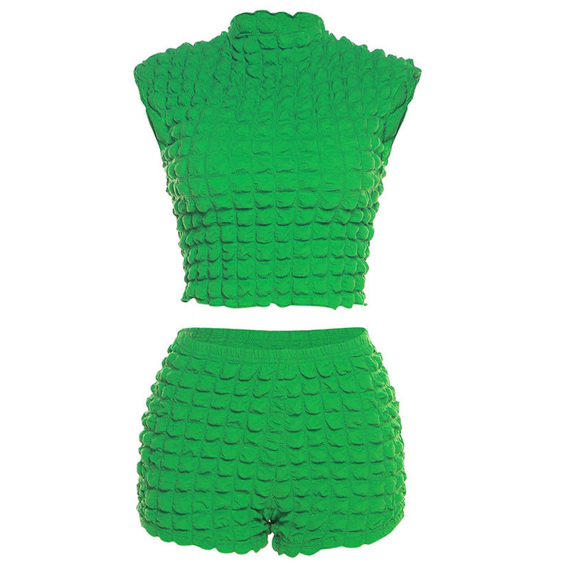 Dame afslappet to-delt sæt med struktureret crop-top og shorts Stilla