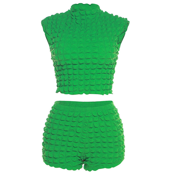 Dame afslappet to-delt sæt med struktureret crop-top og shorts Stilla
