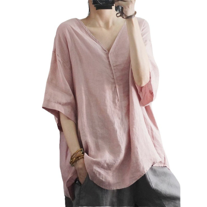 Kvinders oversized linned T-shirt med V-hals og casual fit Stilla