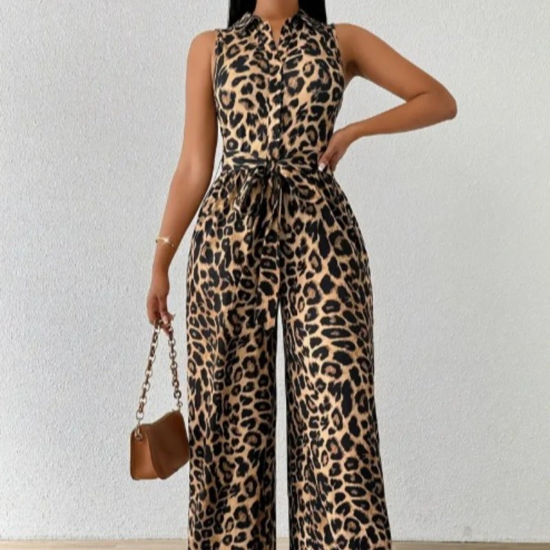 Dame jumpsuit med leopardmønster og taljebælte Skovae