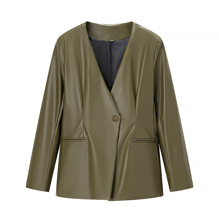 Damer Elegant Faux Læder Blazer Jakke med Modern Cut og Lommer Stilla