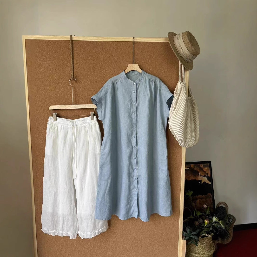 Dame Relaxed Fit Linned Knapliste Tunika Skjorte Stilla