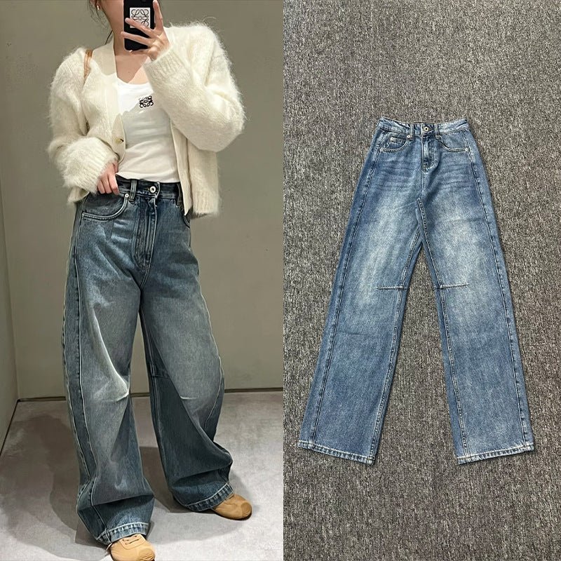 Dame brede denim-bukser med høj talje og diskret broderimønster Stilla