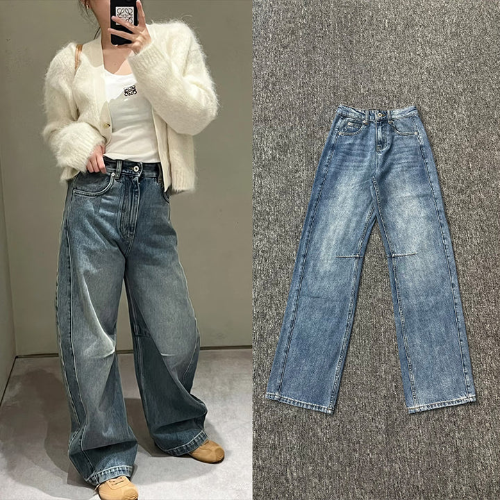 Dame brede denim-bukser med høj talje og diskret broderimønster Stilla