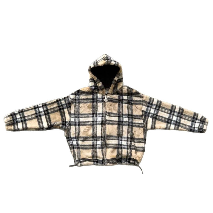 Unisex nan forede plaid-fleece-bomberjakke med hætte snøre og lynlås-lommer Skovae