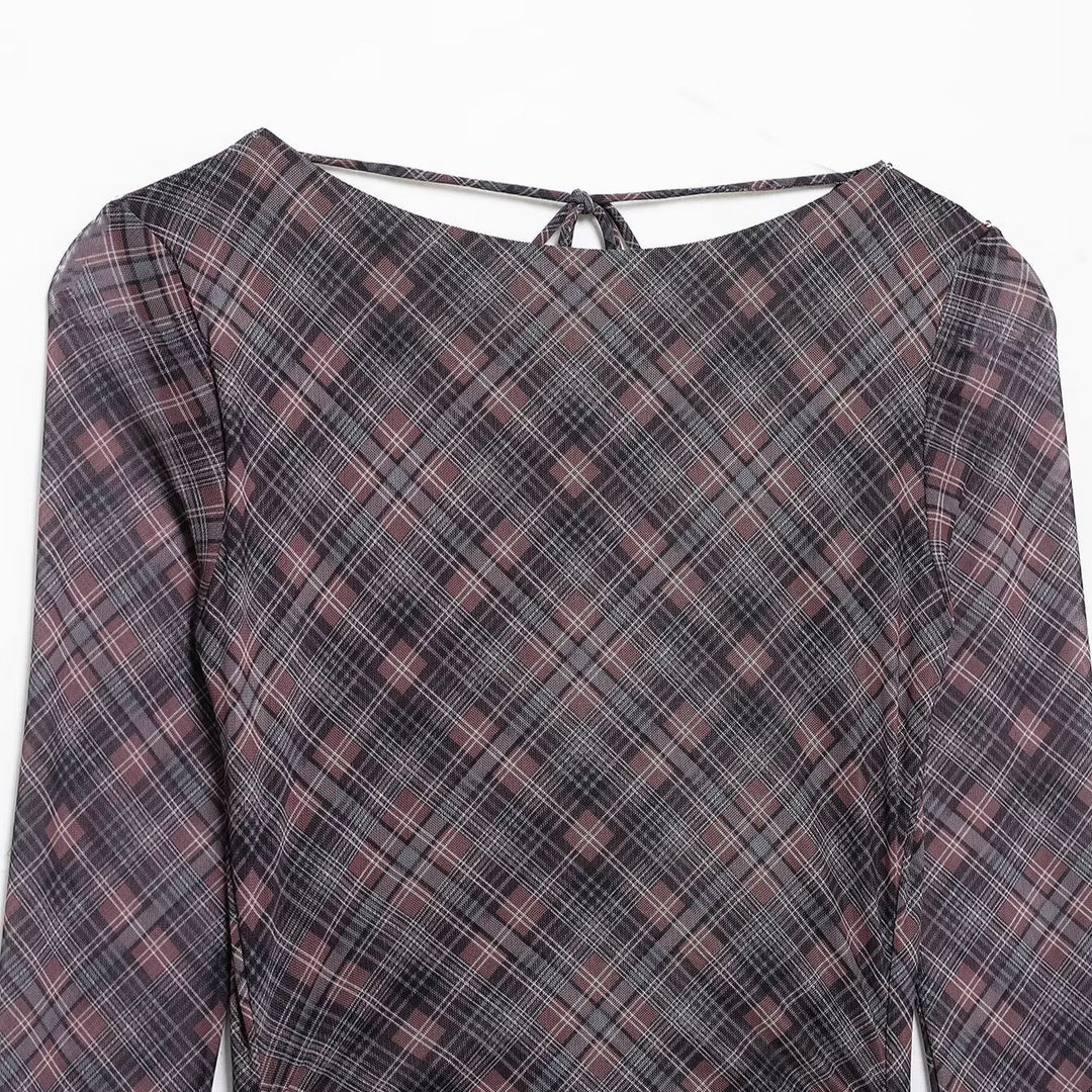 Femme Asymmetrisk Checks Midi Kjole med Lange Ærmer Stilla