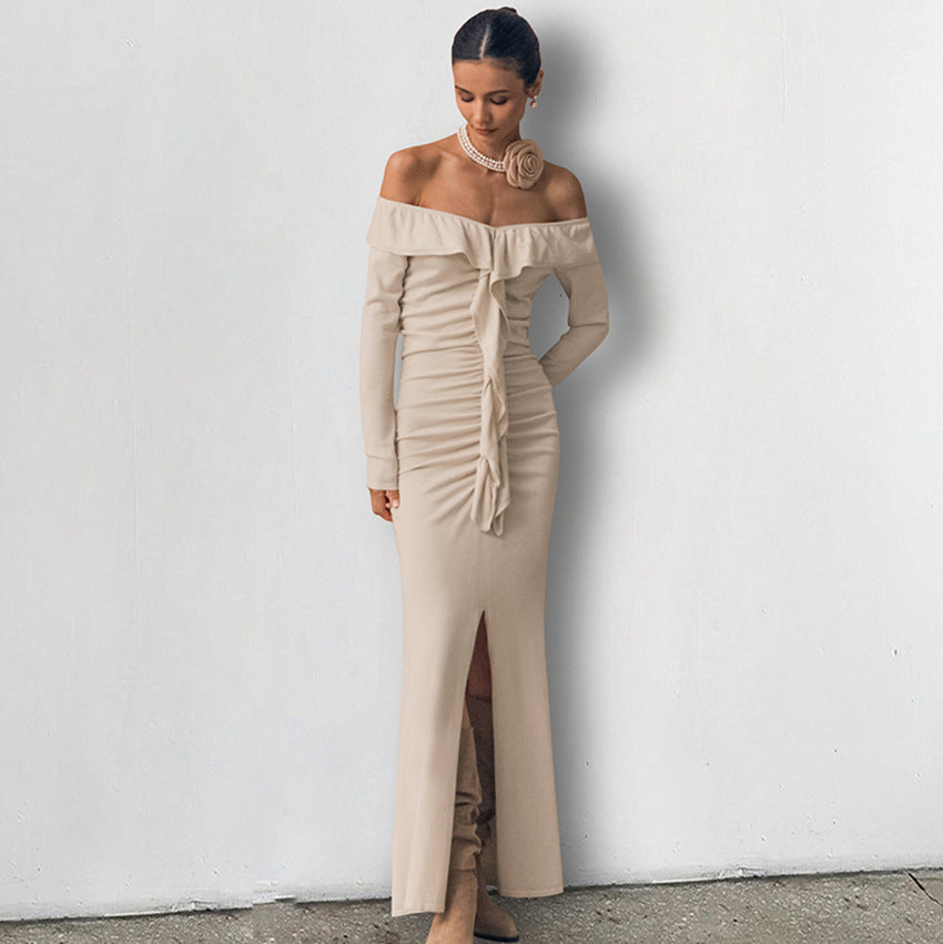 Dame Off-Shoulder Maxikjole med elegant flæse-design og sidel cirkel Stilla