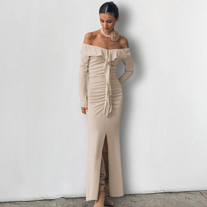 Dame Off-Shoulder Maxikjole med elegant flæse-design og sidel cirkel Stilla