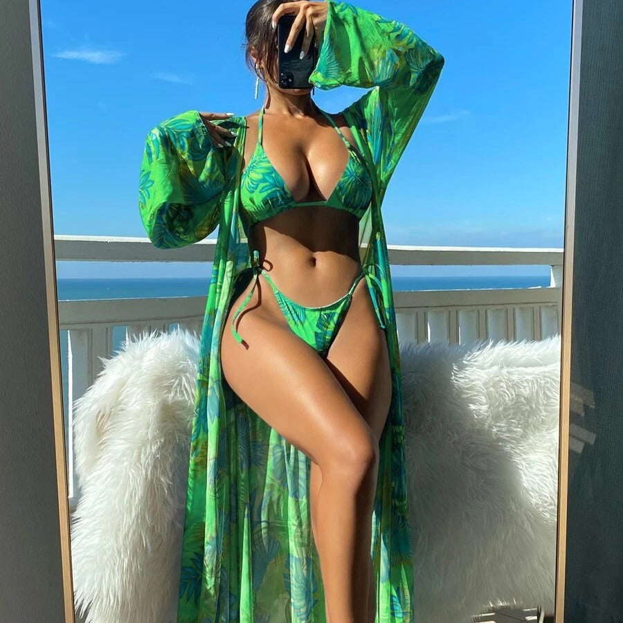 Dame Bikini-sæt med gennemsigtig kaftan og blomsterdesign Skovae