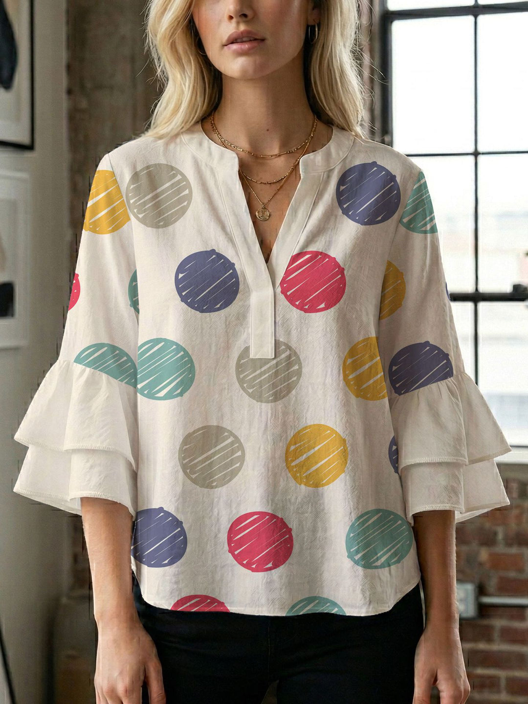 Damebluse med voluminøse vingeærmer og intensivt bladmønster Skovae