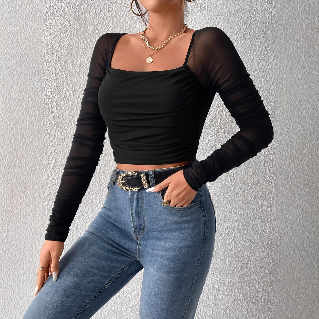 Dame Transparent Langærmet Bluse med Figurtilpasset Pasform Stilla