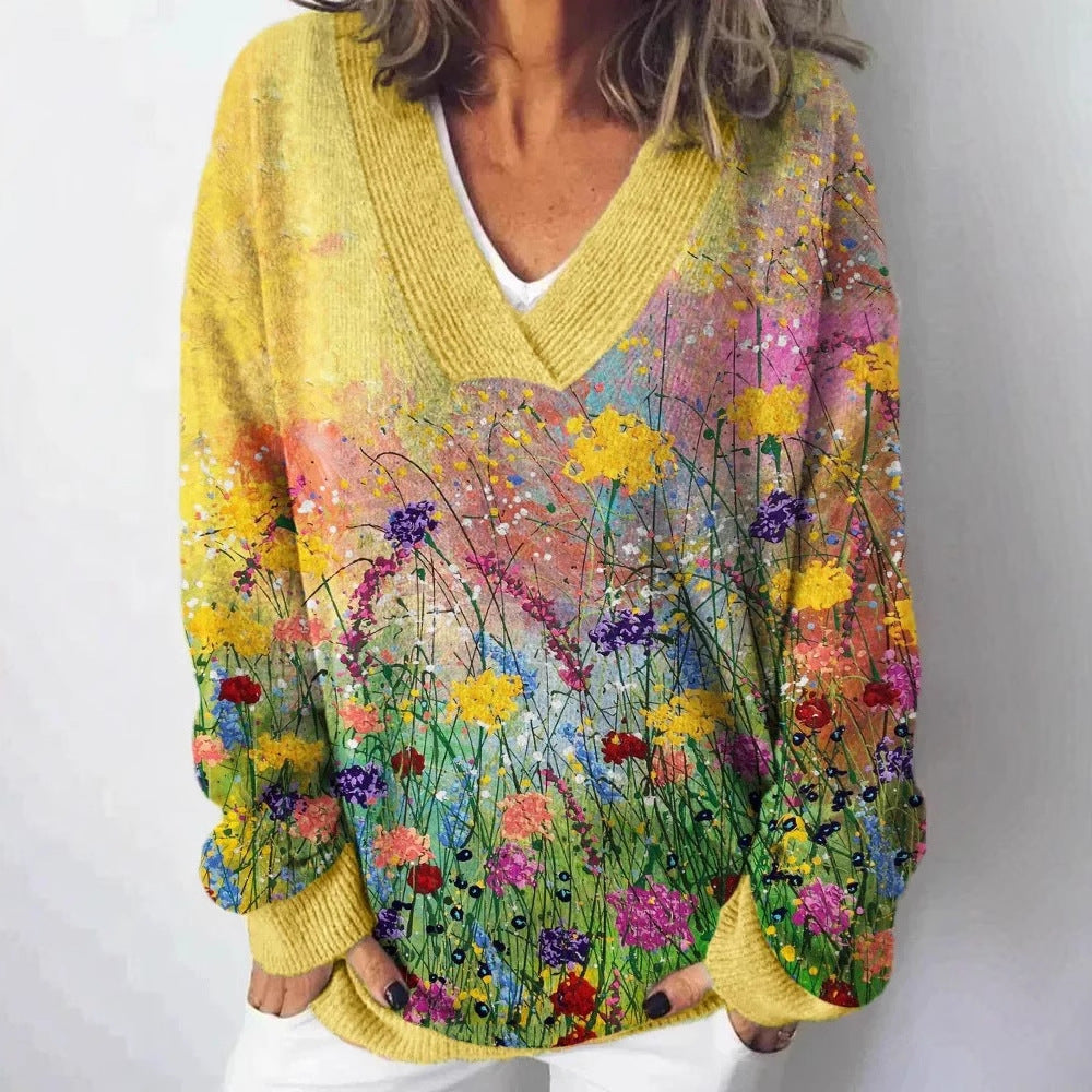 Kvinders V-hals sweater med blomsterdesign og afslappet pasform Stilla