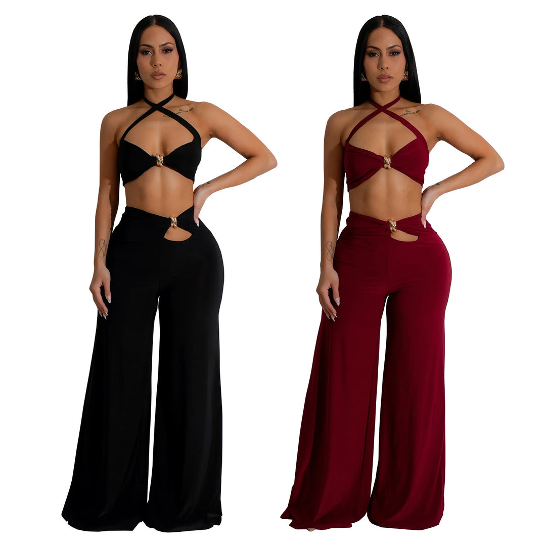 Dame Sexy Cut-Out To-delt Sæt med Cropped Top og Bredbukser Stilla