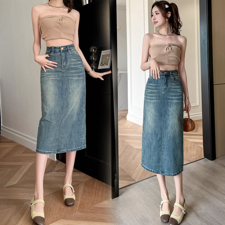 Damer Lang Denim Nederdel med Front Slids Stilla