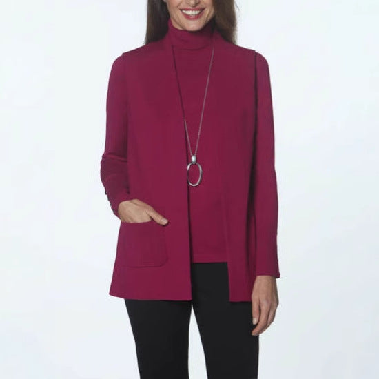 Dame strikjakke med elegant cashmere-look og dyb krave Stilla