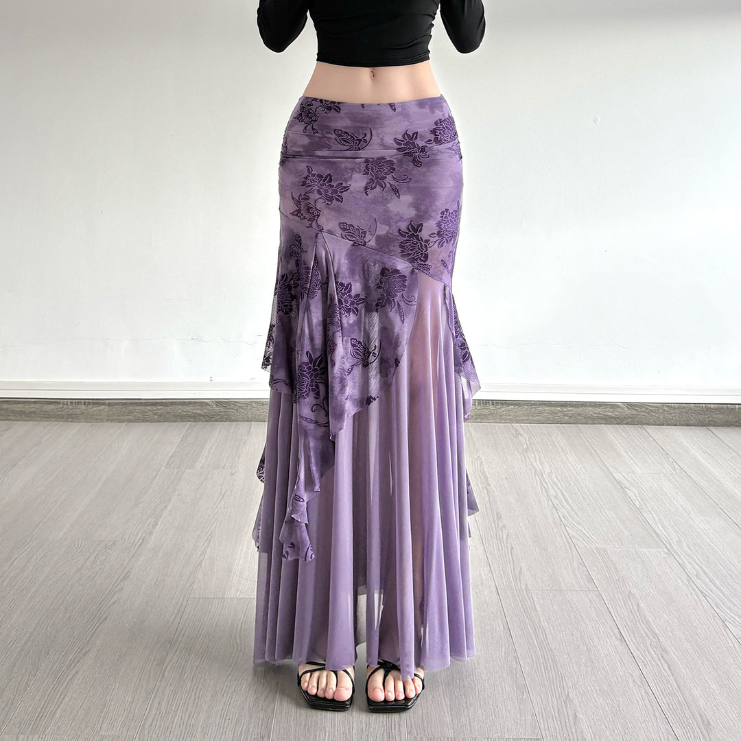 Damen asymmetrischer Maxirock mit floralen Details und transparenten Schichten Skovae